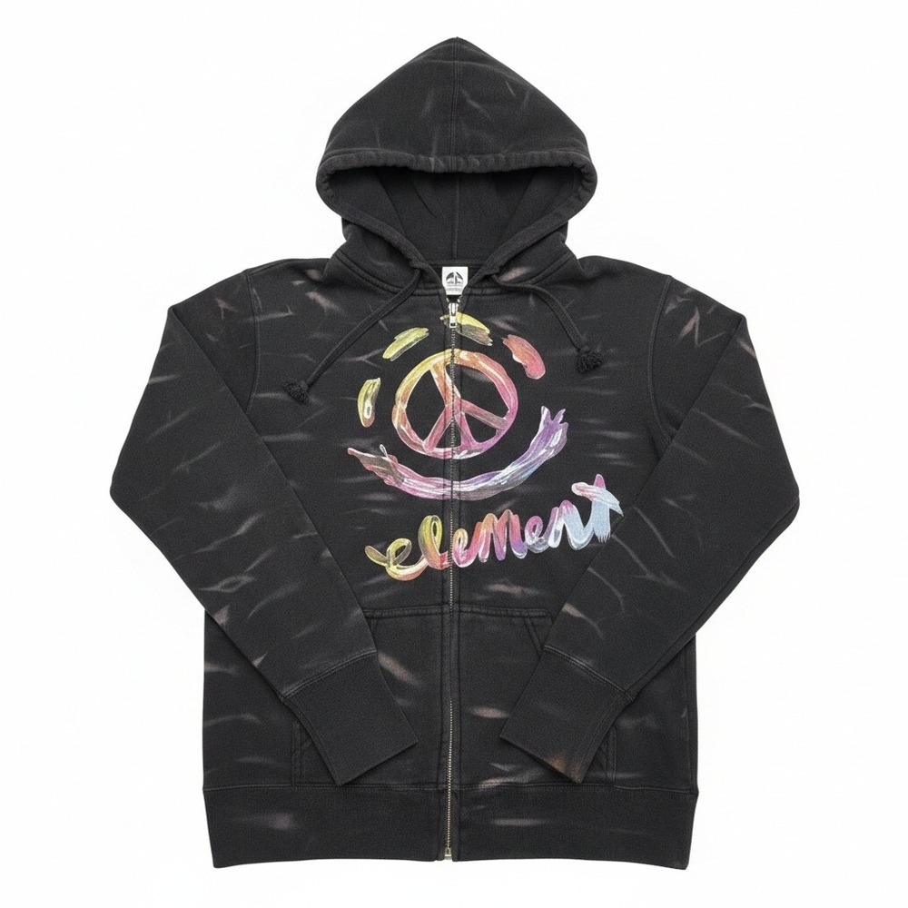 Element Zip Up Hoodie Small Black Bleach Wash‎ Peace Sign Graphic Skateboarding